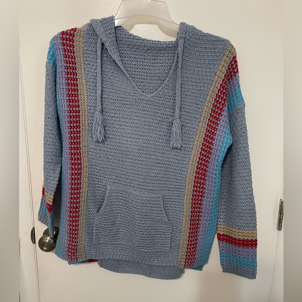 Southwestern Baha Stripes Loose Waffle knit pullover Hooded Sweater w Pocket M